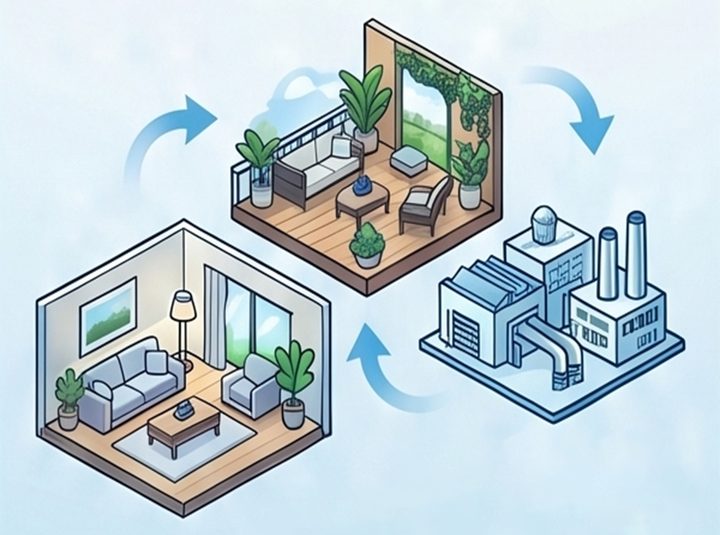 Ilustración: hogar, terraza y nave industrial unidos por flechas, espacios donde el climatizador evaporativo mantiene la máxima higiene